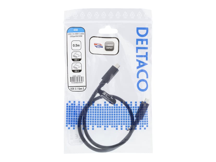 Deltaco USBC to USBC cable 0.5m 10Gbps 100W 5A USB 3.2 Gen 2 black 0.5m USB-C USB-C Svart
