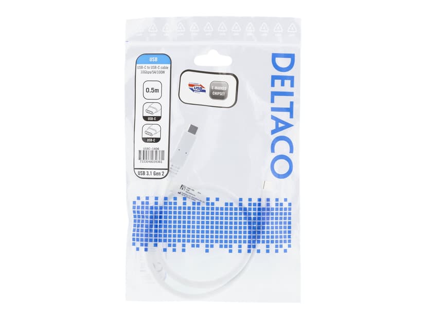 Deltaco USBC-1406 USB-kaapeli 0.5 m USB 3.2 Gen 2 (3.1 Gen 2) Valkoinen 0.5m USB-C USB-C Valkoinen