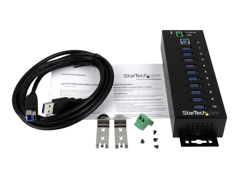 Startech 10 Port Industrial USB 3.0 Hub with ESD & 350W Surge Protection USB 3.2 Gen 1 (3.1 Gen 1) Type-B USB 3.2 Gen 1 (3.1 Gen 1) Type-A