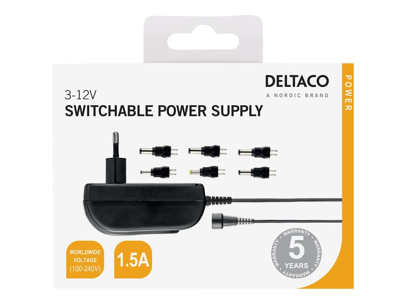 Deltaco Nätadapter 110-240V till 3-12V DC, 1,5A, utbytbara kontakter, USB, svart Svart