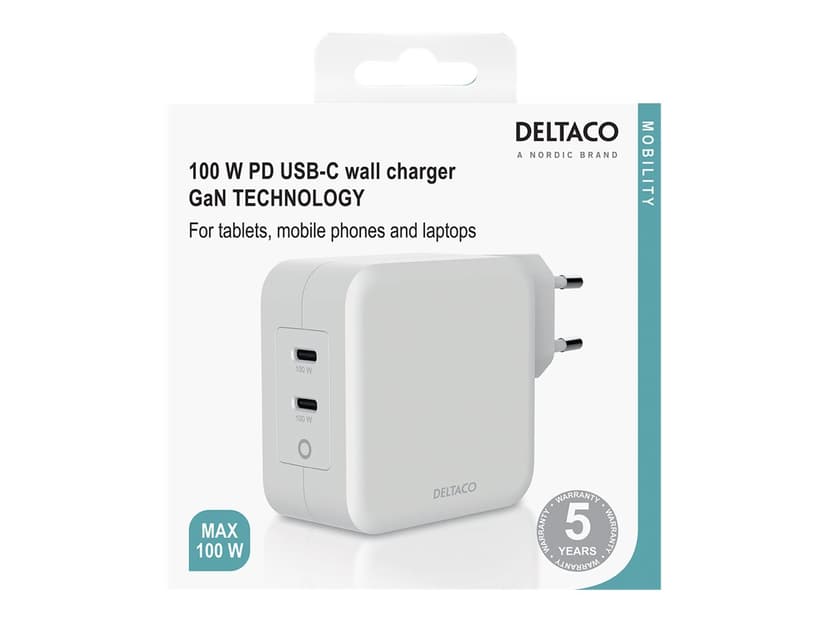 Deltaco USBC-GAN03 mobiililaitteen laturi Universaali Valkoinen AC Sisätila Valkoinen