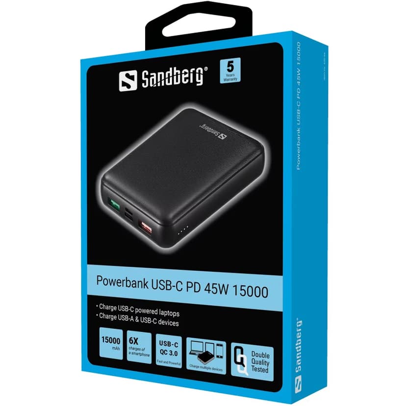Sandberg Powerbank USB-C PD 45W 15000 mAh 15000mAh Svart