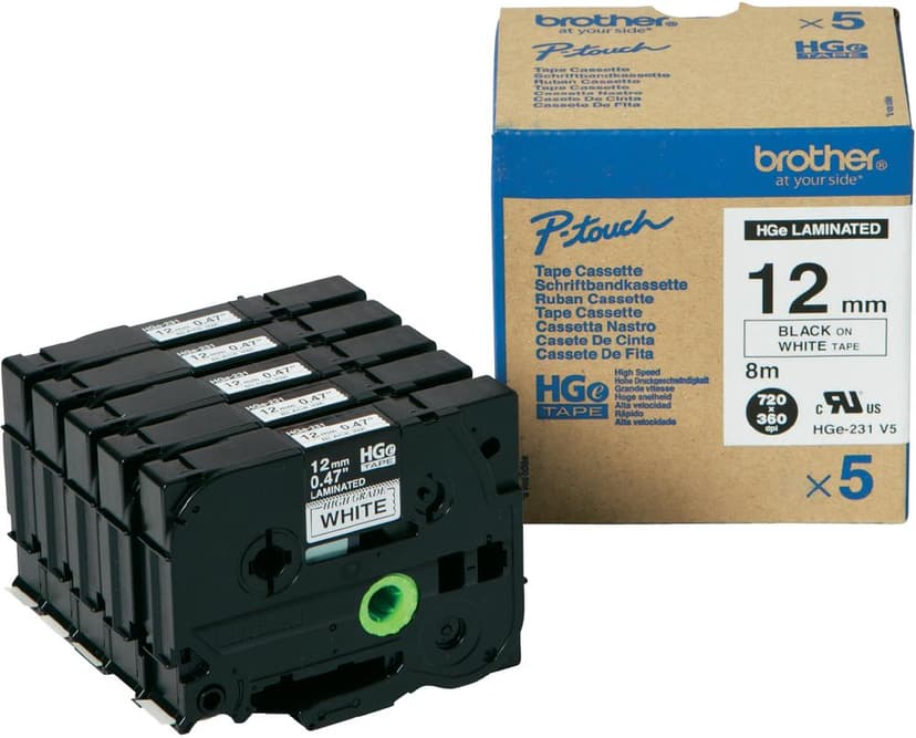 Brother Tape 12mm Hge-231v5 Svart/Vit 5-Pack