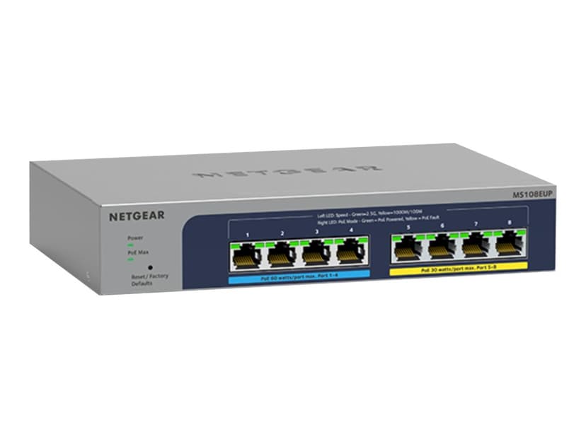 Netgear 8-port Ultra60 PoE++ Multi-Gigabit (2.5G) Ethernet Plus Switch hanterad L2/L3 2.5G Ethernet (100/1000/2500) Strömförsörjning via Ethernet (PoE) stöd Grå
