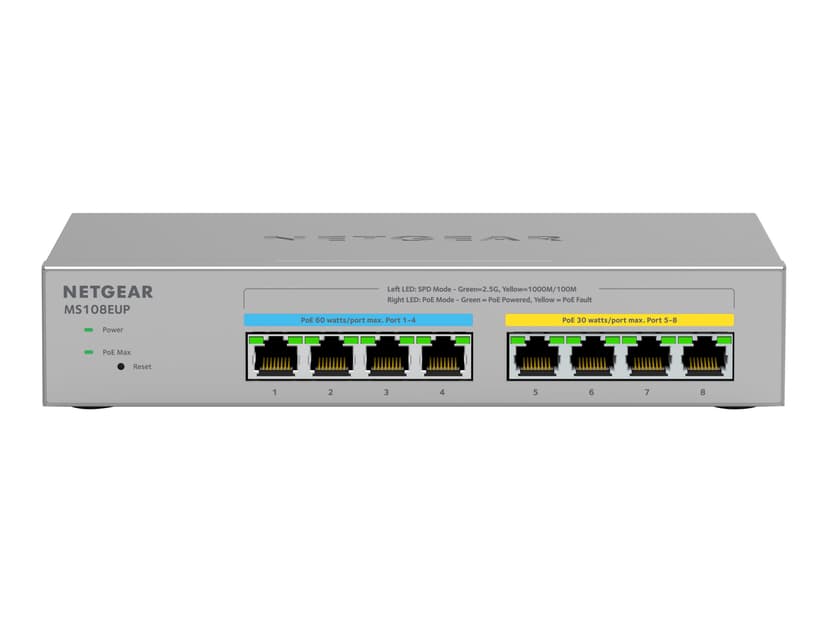 Netgear 8-port Ultra60 PoE++ Multi-Gigabit (2.5G) Ethernet Plus Switch hanterad L2/L3 2.5G Ethernet (100/1000/2500) Strömförsörjning via Ethernet (PoE) stöd Grå