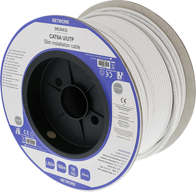 Deltaco Bulkkabel (slim) Nej Cat6a 100m Vit
