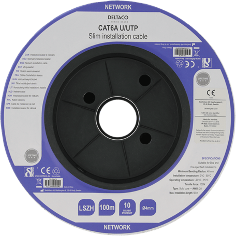 Deltaco Bulk cable (slim) Ingen Cat 6A 100m Hvid