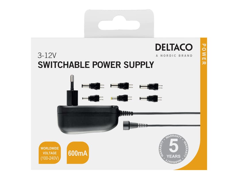 Deltaco Nätadapter 3-12V DC, 600mA med utbytbara kontakter