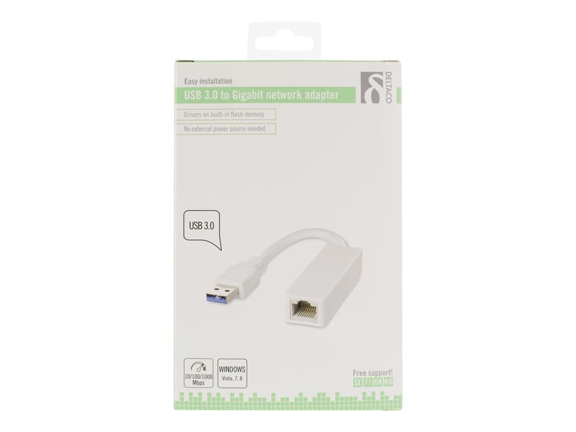 Deltaco USB 3.0 Gigabit -verkkosovitin ja sisäinen flash-muisti ajureita varten, valkoinen