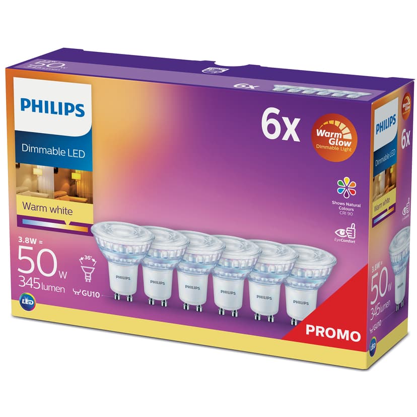 Philips LED GU10 3,8 W (50 W) Himmennettävä, lämmin valkoinen, 6 kpl