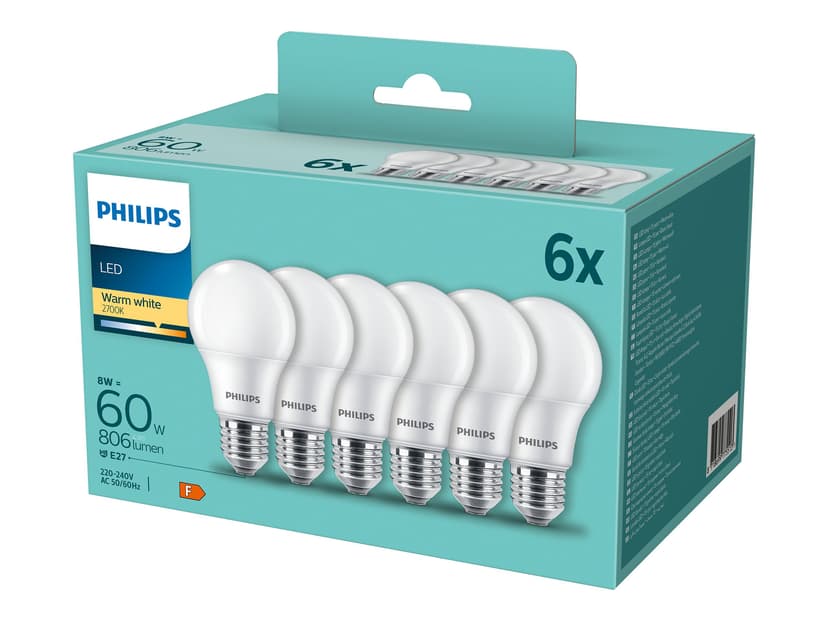 Philips LED E27 Normal Frost 8 watt (60 watt) 806 lumen 6-pakning
