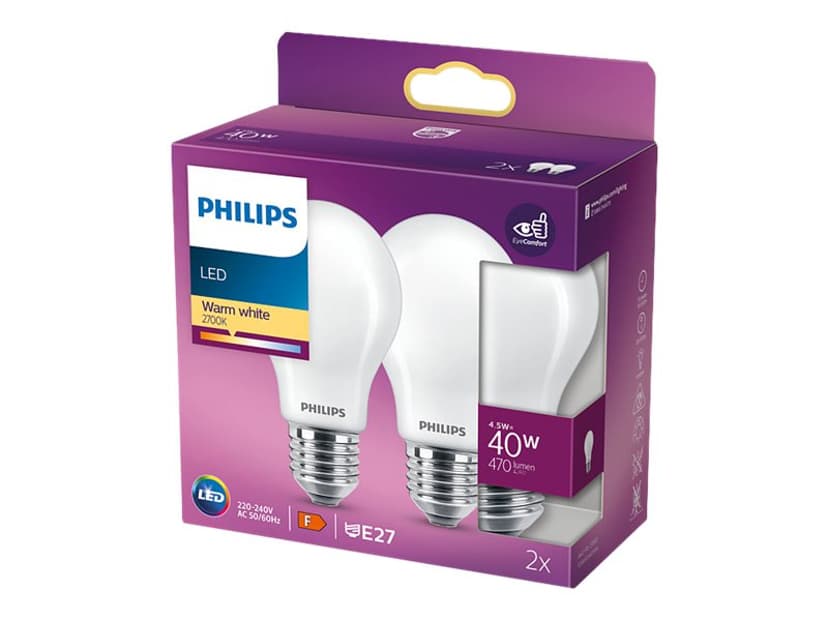 Philips LED E27 Normal Frost 4,5 watt (40 watt) 470 lumen 2-pakning