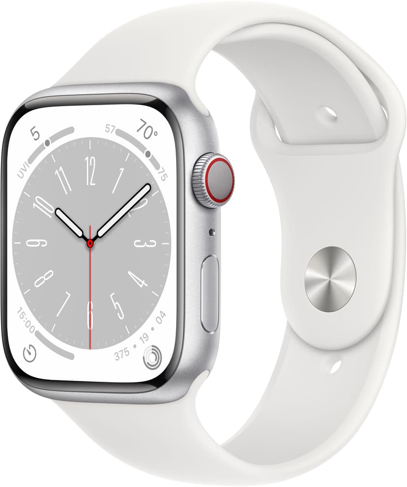 Apple Watch Series 8 GPS + Cellular, 45mm Silver Aluminium Case with White Sport Band