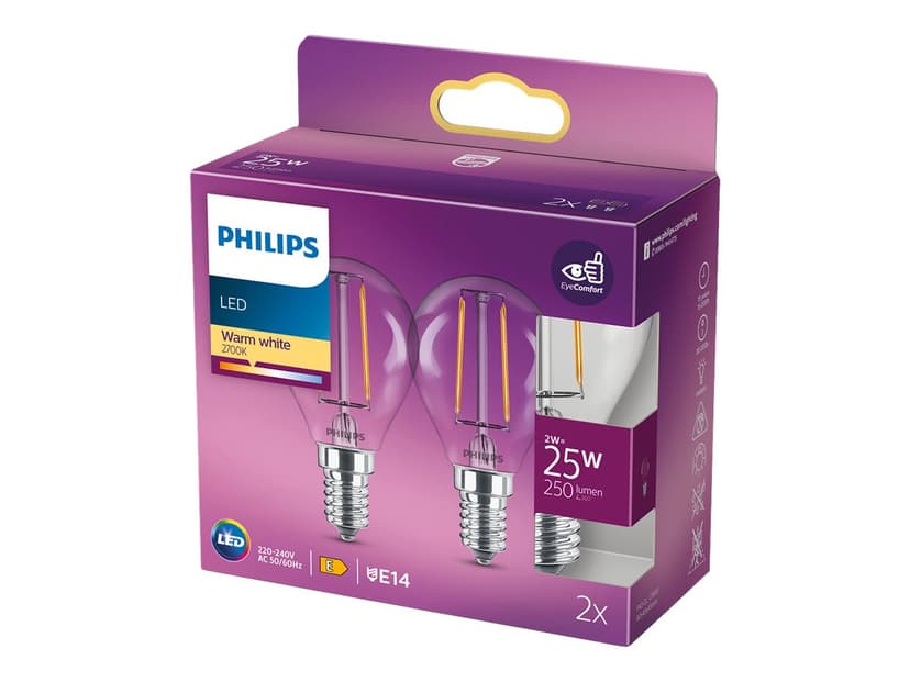 Philips LED E14 Klot Klar 2W (25W) 250 Lumen 2-Pack
