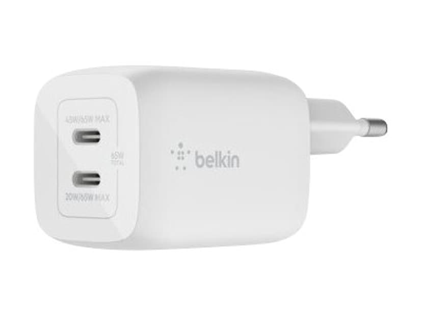 Belkin 65w PD PPS Dual USB-C Gan Charger Hvit