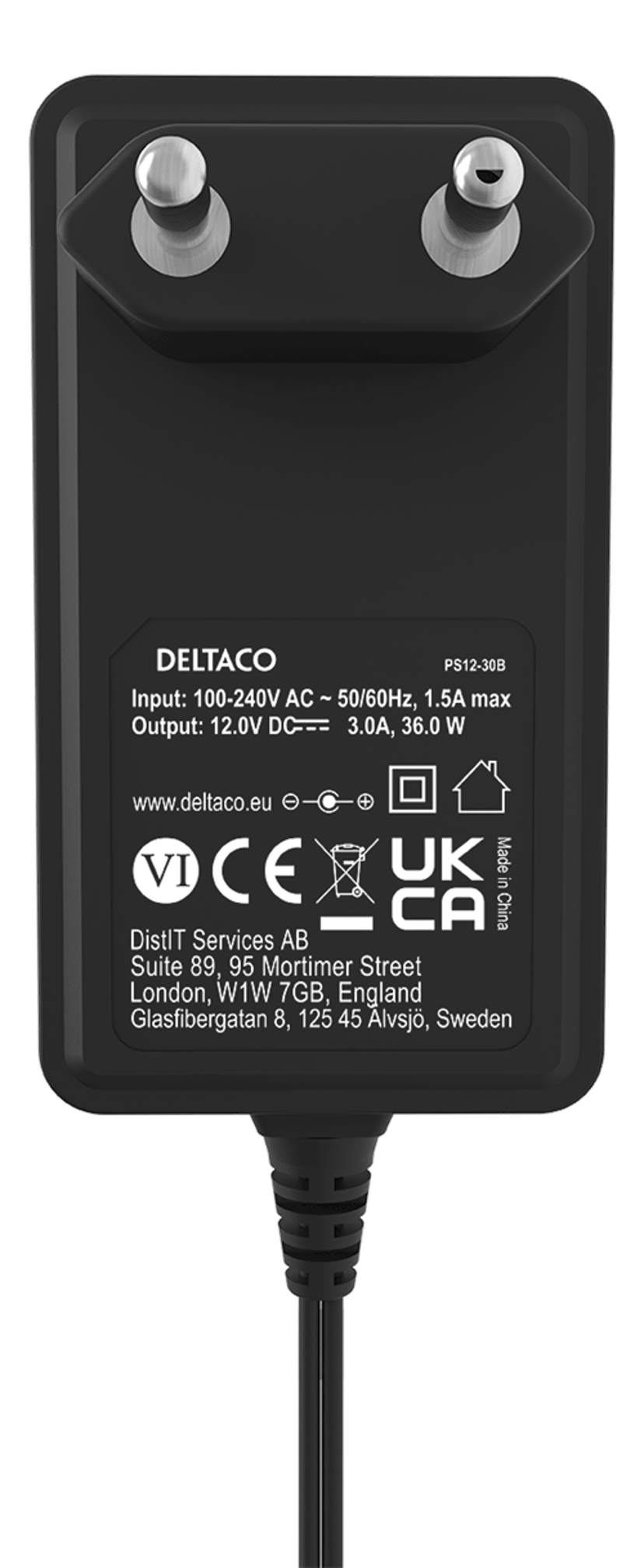 Deltaco AC adapter 100-240V AC 50/60Hz till 12V DC, 3A, 1.5 m, black 1.5m 36W Sort