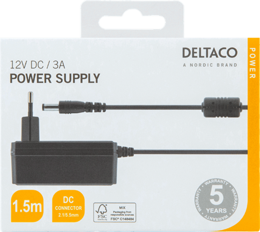 Deltaco AC adapter 100-240V AC 50/60Hz till 12V DC, 3A, 1.5 m, black 1.5m 36W Sort