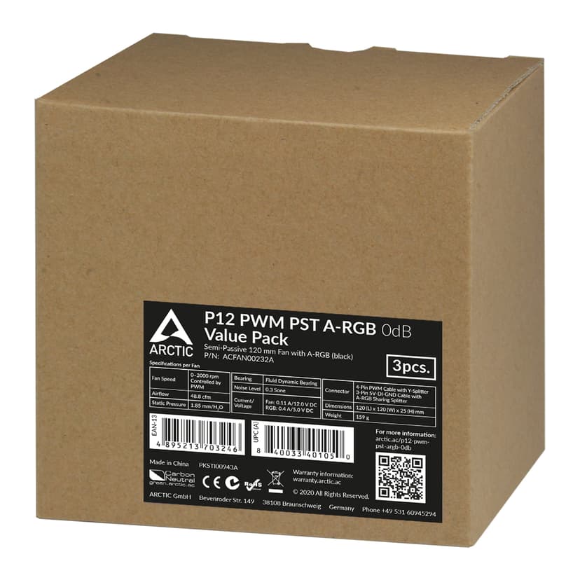 ARCTIC ARCTIC P12 PWM PST ARGB 0DB 3-P 120MM PWM PST ARGB 0D Vifte Hvit, Svart