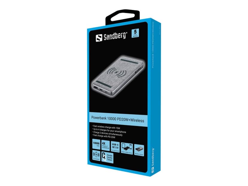 Sandberg Powerbank 10000, 37mAh Harmaa, Musta