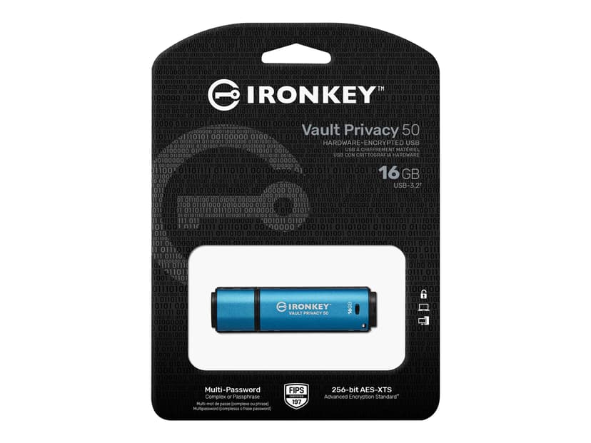 Kingston Ironkey Vault Privacy 50 16GB USB-A Musta, Sininen