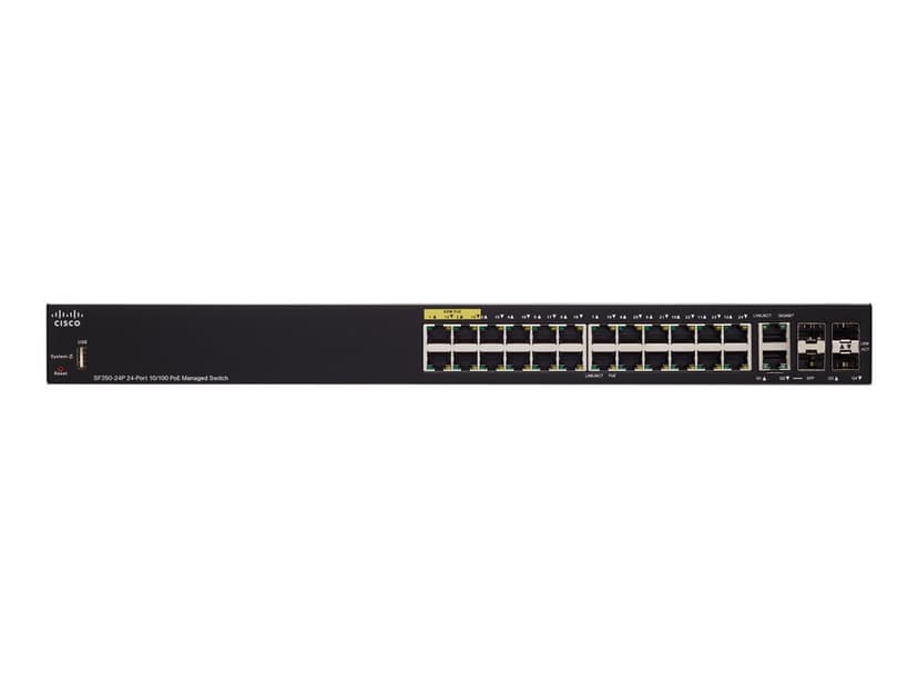 Cisco SF350-24P hanterad L2/L3 Fast Ethernet (10/100) Strömförsörjning via Ethernet (PoE) stöd Svart