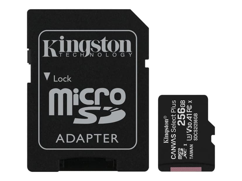 Kingston Technology Canvas Select 256 GB micSDXC Plus 100R A1 C10-kort + ADP 256GB MicroSDXC UHS-I