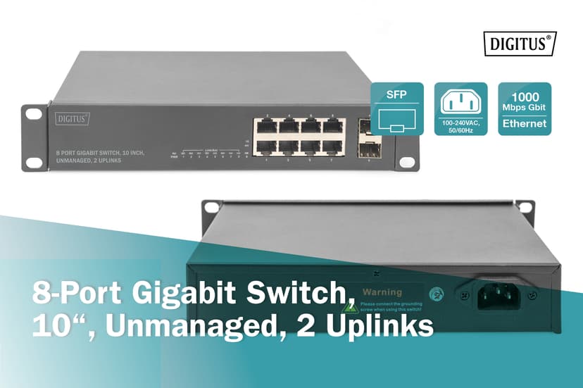 Digitus 8-Portars Gigabit Switch 10" Omanagerbar Med 2 Uplinks