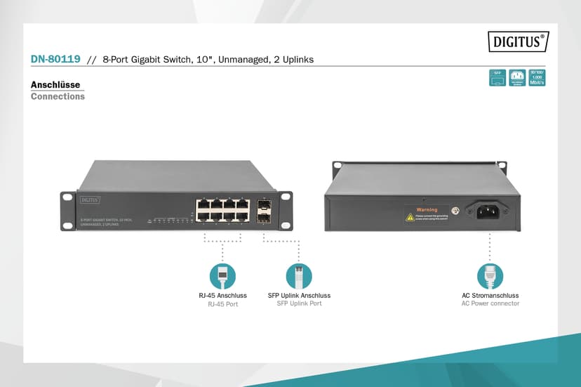 Digitus 8-Portars Gigabit Switch 10" Unmanaged With 2 Uplinks