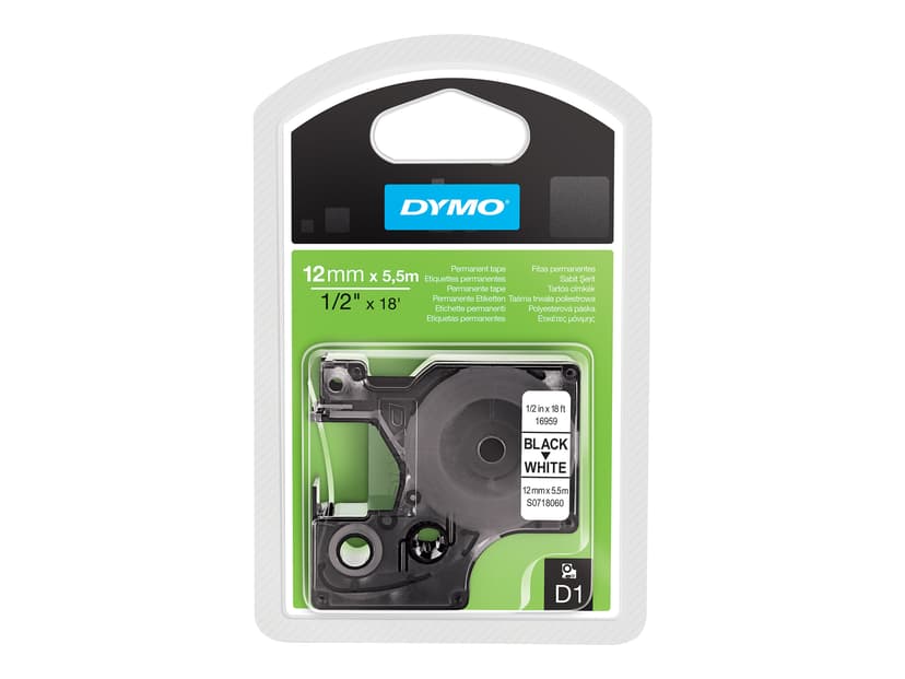 Dymo Tape D1 12mm Sort/Hvid Permanent Polyester