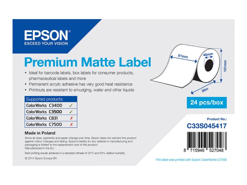 Epson Etiketter Premium Matt Løpende lengde 51 mm x 35 m – TM-C3400