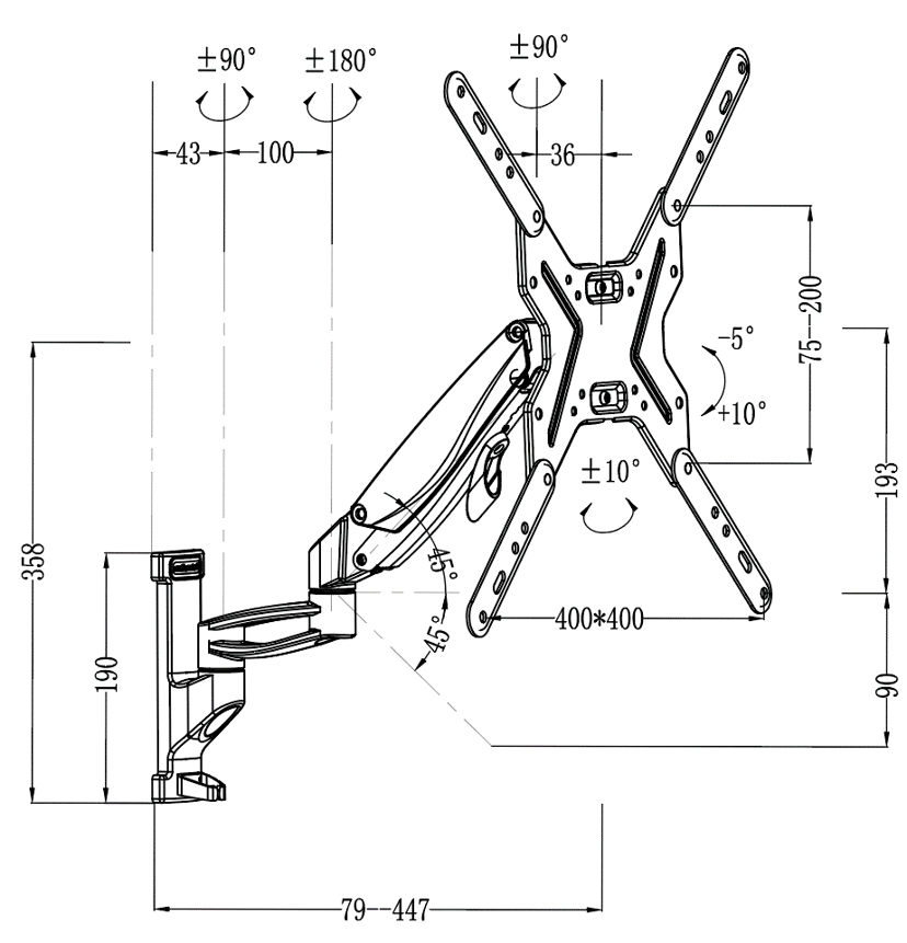 Prokord Full Motion Gas Lift Arm Wall Mount