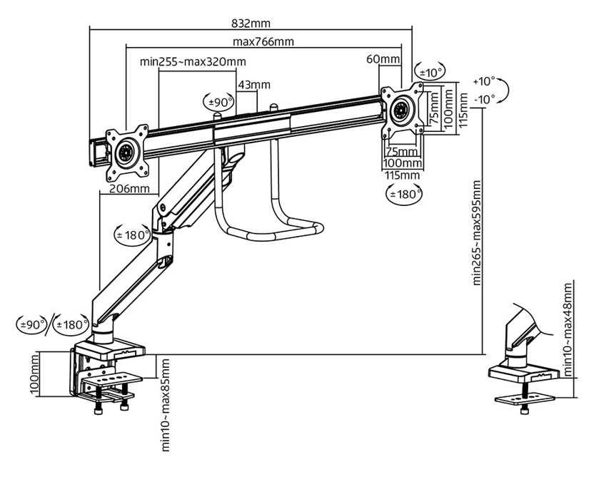 Prokord O4 VESA Gas Lift Arm 10"-32" Dual Fixed Premium