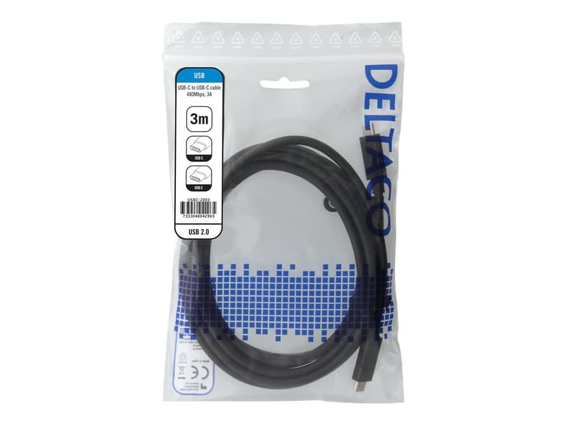Deltaco USB 2.0 3A mobile cable 3m USB-C USB-C Svart