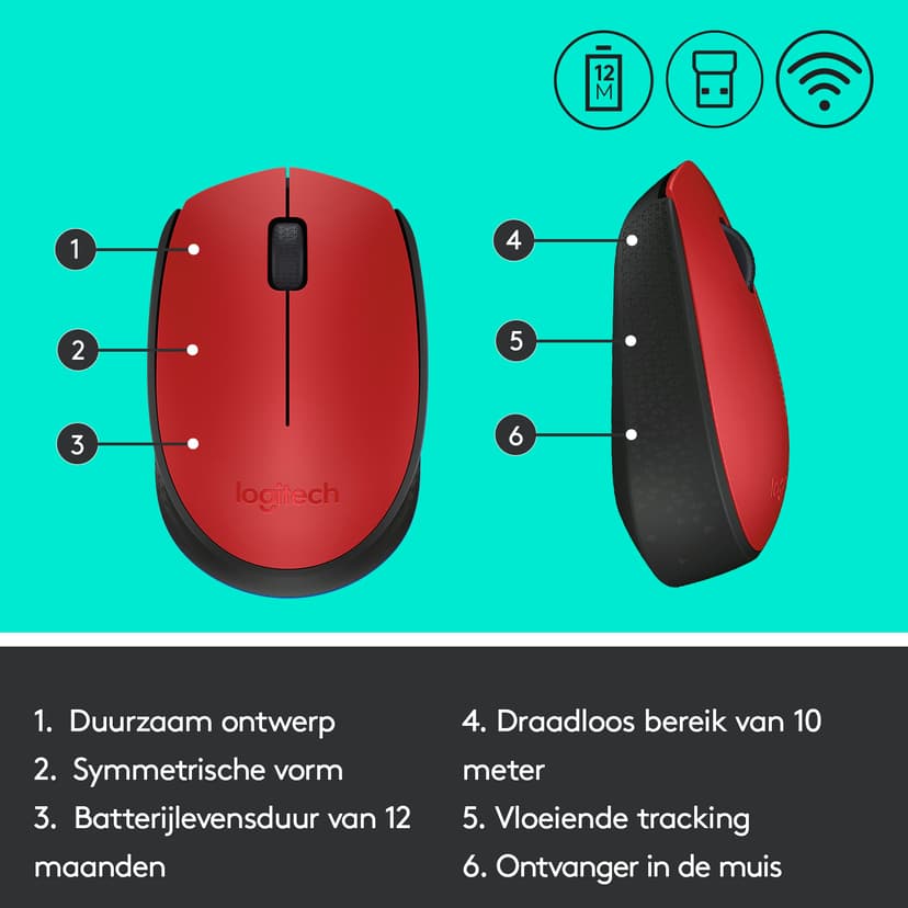 Logitech M171 RF Draadloos Muis Zwart, Rood