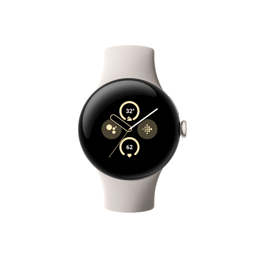 Google Pixel Watch 2 LTE Aluminiumboett i Polished Silver Sportarmband i Porcelain