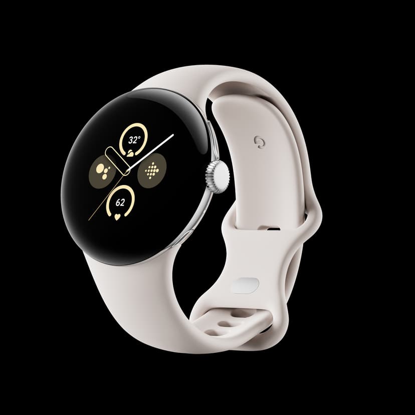 Google Pixel Watch 2 LTE Aluminiumboett i Polished Silver Sportarmband i Porcelain