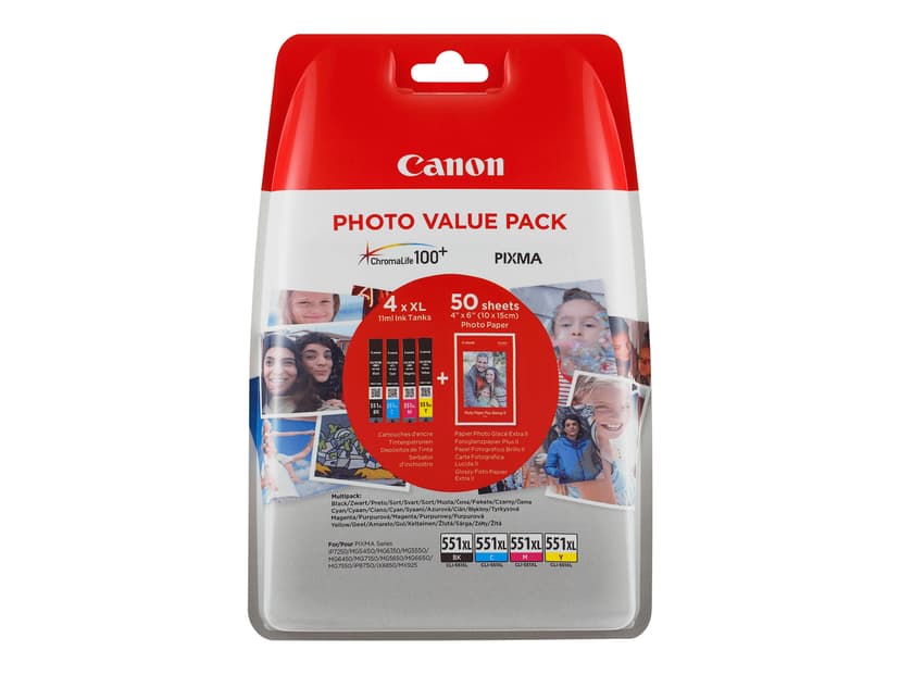 Canon Blekk Value Pack (BK/C/M/Y) CLI-551XL + Paper 10x15 PP 201 50-Sheet