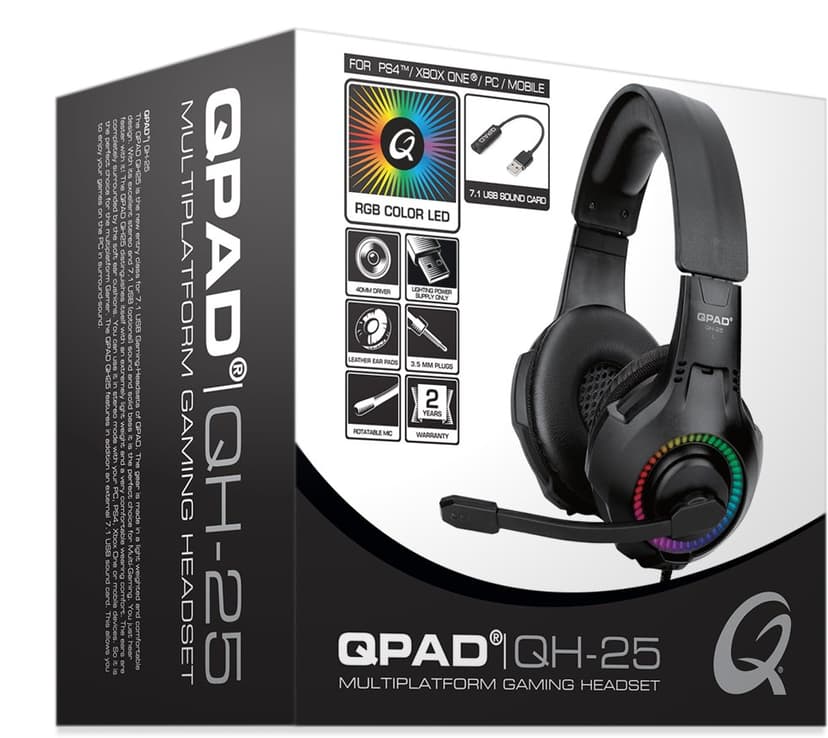 QPAD QH 25 RGB Stereo Gaming Headset Micro-USB Sort