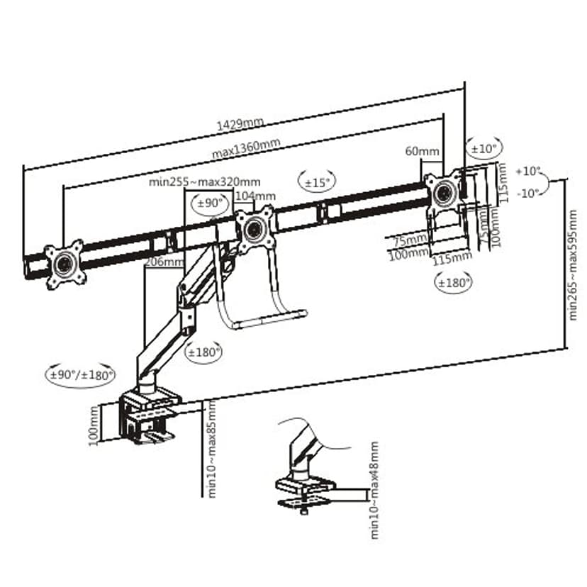 Prokord O4 VESA Gas Lift Arm 17" - 27" Triple Fixed Premium