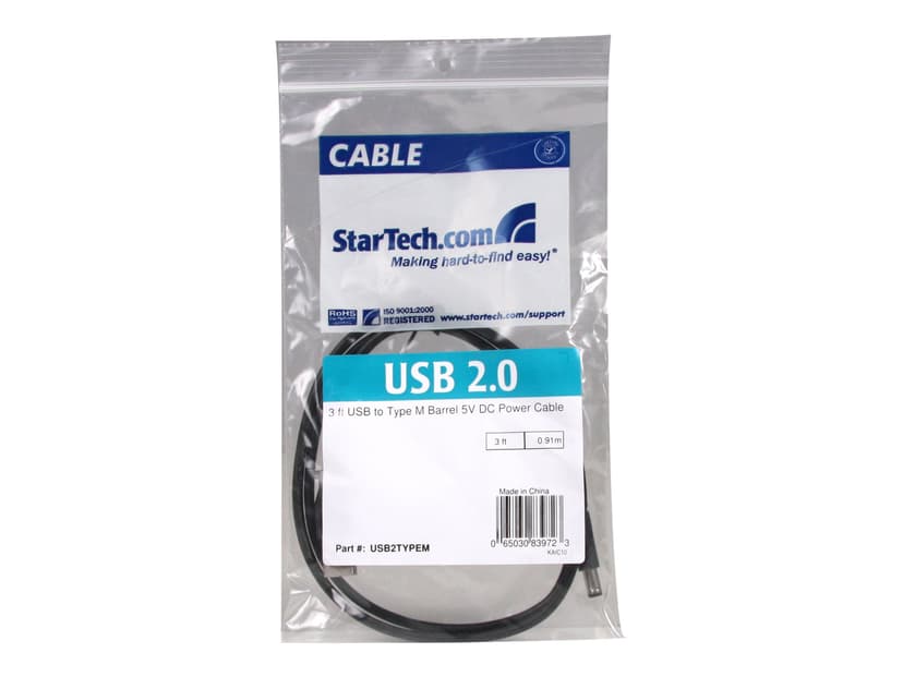 Startech USB to Type M Barrel 5V DC Power Cable 0.9m USB A Barrel type M Svart