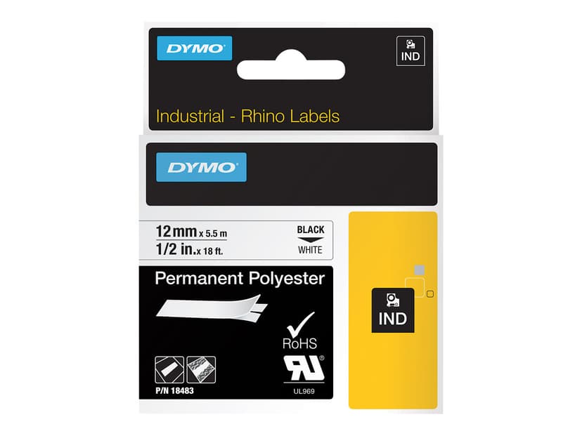 Dymo Tape RhinoPRO Permanent Polyester 12mm Zwart/Wit