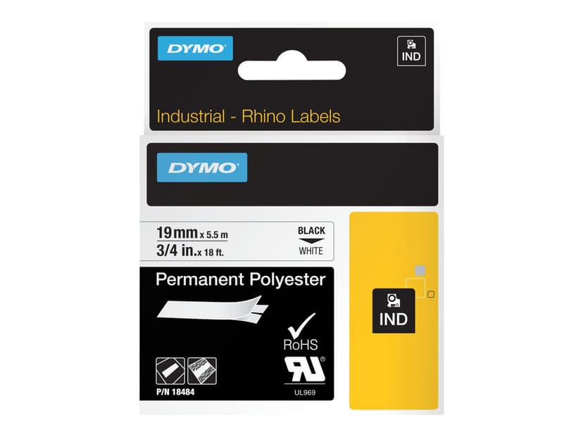 Dymo Tape RhinoPRO Permanent Polyester 19mm Svart/Hvit