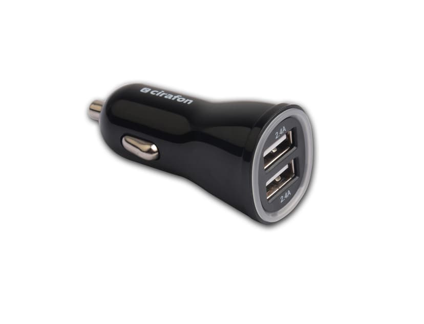 Cirafon USB-autolaturi, jossa on kaksi USB-porttia 2xUSB 4.8A Musta