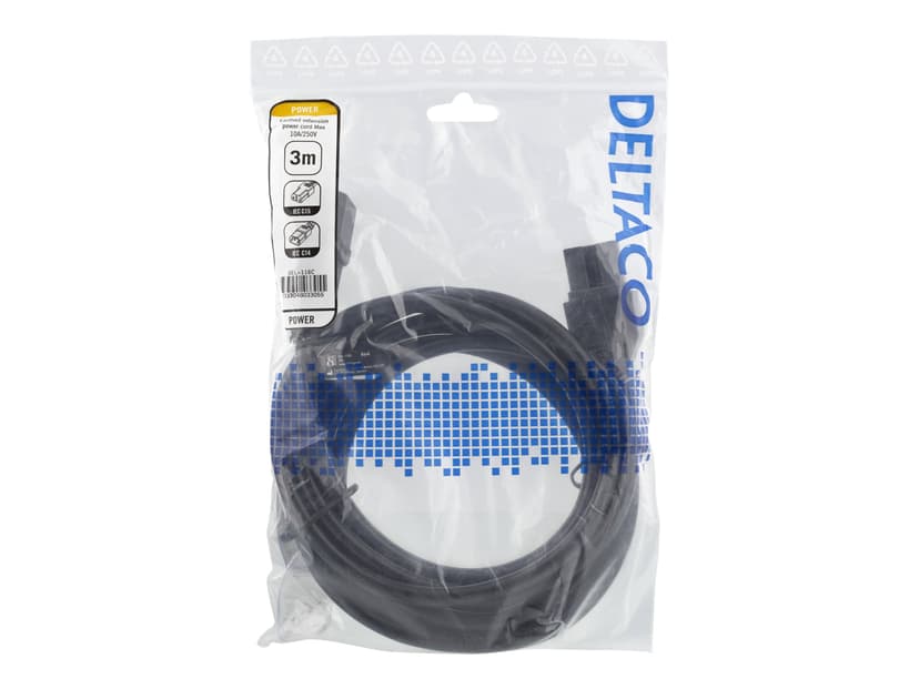 Deltaco Förlängningskabel för ström 3m C15 coupler C14 coupler Svart