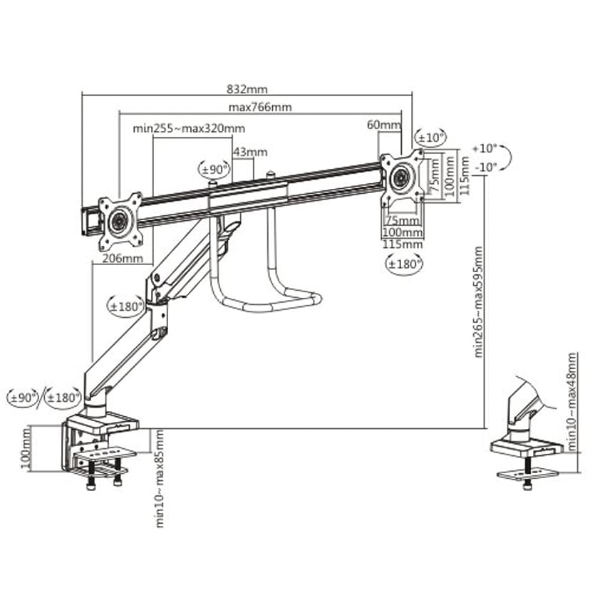 Prokord O4 Vesa Gas Lift Arm 10"-27" Dual Fixed Premium