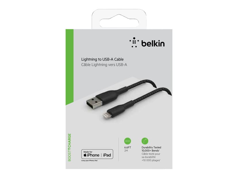 Belkin Lightning Till USB-A Kabel Flätad 2m Svart