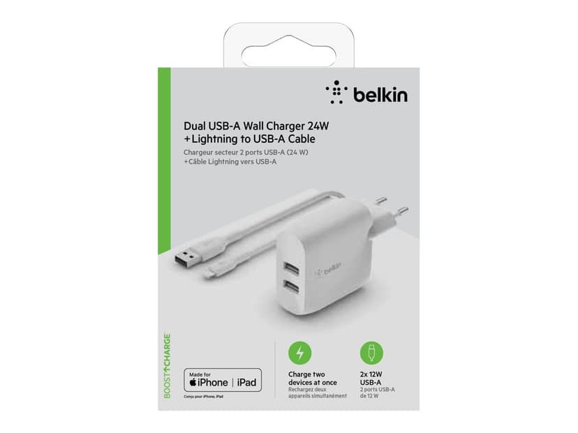 Belkin Dual Wall Charger 24w + USB-A To Lightning Cable 1m 1m Vit