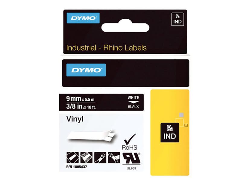 Dymo Tape RhinoPRO Permanent Vinyl 9mm Vit/Svart