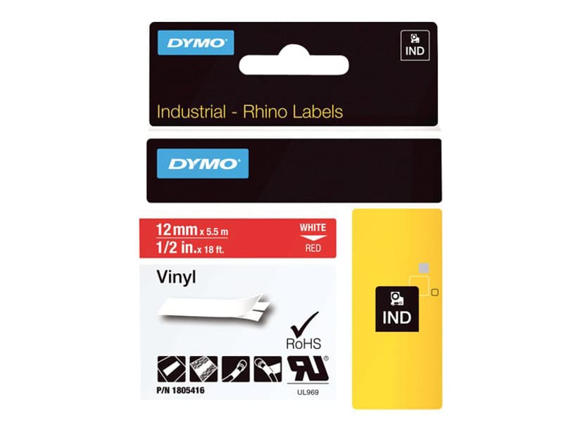 Dymo Tape RhinoPRO Pysyvä Vinyyli 12mm Valkoinen/Punainen