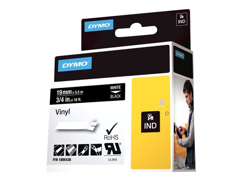 Dymo Tape RhinoPRO Permanent Vinyl 19mm Vit/Svart